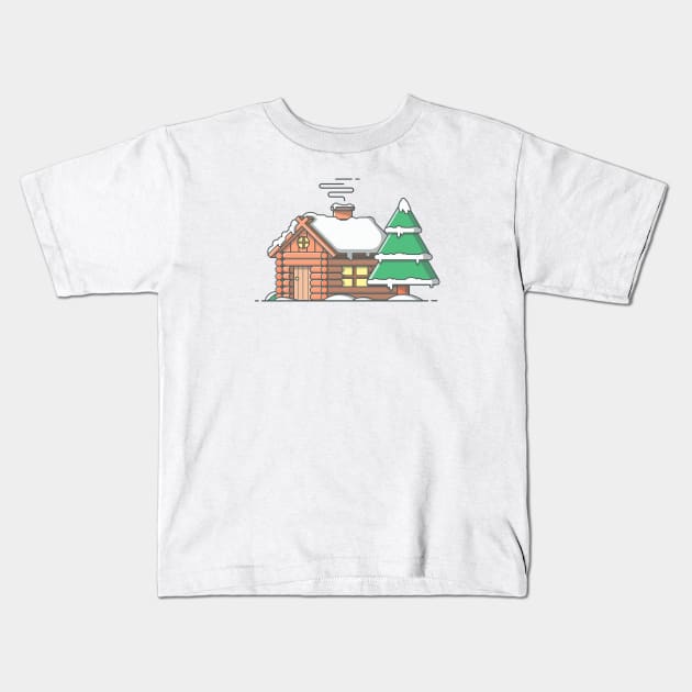 Snow cabin in winter cartoon Kids T-Shirt by Catalyst Labs